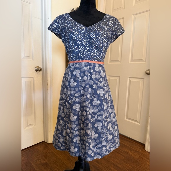 ✨ Boden Blue Print Cotton Fit & Flare Dress | Size 8 | Lined - Picture 2 of 9
